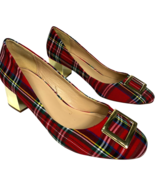 Crown &amp; Ivy women&#39;s Red Plaid Fabric Beckie Shoes Gold Heels &amp; Buckle si... - $30.54 CAD