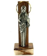 Vintage Sacred Heart of Jesus Statue Metal on Wood with Onyx Base 5.5” Tall - $34.95