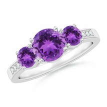 ANGARA Three Stone Round Amethyst Ring with Diamond Accents in 14K Gold - £779.40 GBP
