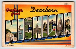 Greetings From Dearborn Michigan Linen Postcard Large Big Letter Curt Teich 1938 - $57.38
