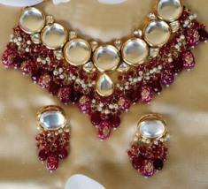 Indien Bollywood Plaqué Or Collier Boucles Kundan Mariage Rouge Ensemble... - £109.85 GBP
