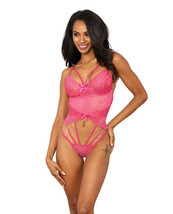 Stretch Lace W/underwire Cups &amp; Strap Thong Detail Teddy Hot Pink 2X - $23.83