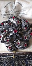 VINTAGE 1940-s Large Pewter Deep Red Rhinestone Ornate Swirl Floral BROOCH - £30.38 GBP