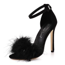 Women Summer Sandals Fluffy Peep Toe Stilettos High Heels  Fur Feather Lady Wedd - £37.01 GBP
