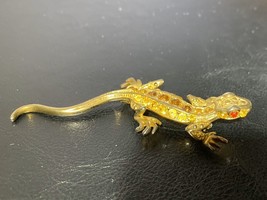 Vintage Rhinestone Salamander Lizard Gecko Red Eyes Gold Amber - £7.41 GBP