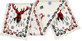NEW Christmas Buffalo Plaid Reindeer Embroidered Table Runner 12 x 65 in. beige - £9.35 GBP
