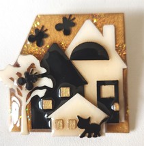 House Pins By Lucinda Brooch Pin Whimsical Fall Scene Black Cat Orange Sky - £19.77 GBP