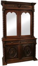 1890 Antique Buffet Hunting Renaissance Carved Oak Mirrored Doors - £3,962.44 GBP