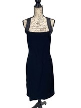 ST JOHN Solid Black Viscose Knit Sheath Dress With Leather Trims Size 16 - £77.74 GBP