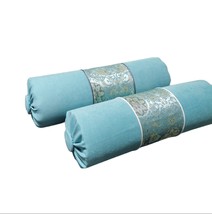 Bolster Pillow, Aqua Blue Velvet, Floral Jacquard, Decorative Button 6x16&quot; - £42.46 GBP