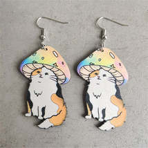 Pink &amp; White Mushroom Cat Wood Drop Earrings - £11.21 GBP