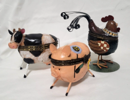 Set/3 ROOSTER, PIG, COW Trinket Box Hinged 2002 Ranger International Metal - $21.99