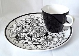 Jonas Roberts Cera-Stone Japan Snack Plate Cup Black White Bouquet #2037... - £17.06 GBP