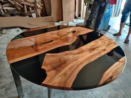 Round Black Epoxy Resin Coffee Table Top Acacia Wooden Live Edge Handmade Decors - £1,319.55 GBP