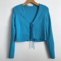 ZARA Cardigan XL Blue Bright Tie Closure Cropped Long Sleeve V Neck Sweater - £21.11 GBP