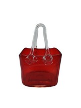 Hand Blown Art Glass RED Ruby Purse Handbag Vase w Clear Handles - $19.76