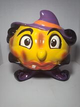 Vintage Ceramic Halloween Witch Head Candy Jar Bowl Footed Purple Hat Décor - $39.59