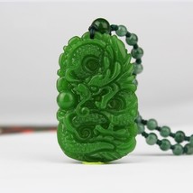 Natural He-tian Jade Stone Hand-Carved Dragon Pendant + Necklace  - £11.80 GBP
