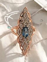 14K Rose Gold Blue Sapphire CZ Accent Victorian Navette Marquise Ring Size 7 1/2 - £133.35 GBP