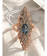 14K Rose Gold Blue Sapphire CZ Accent Victorian Navette Marquise Ring Si... - $3,205.64 MXN