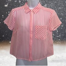 Timing Hot Pink Sheer Striped Button Down Crop Top Junior Size L Women’s - £7.81 GBP