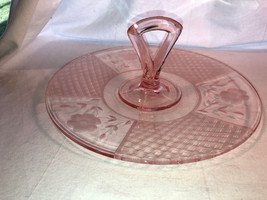 Pink 11 Inch Sandwich Tray With Handle Depression Glass Flower Etched - £20.78 GBP