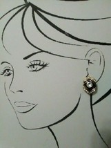 Vintage Fashion Clip Earrings Golden Hexagon Blk Enamel &amp; Rhinestones - £15.92 GBP