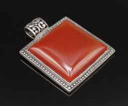 925 Sterling Silver - Vintage Dotted Edge Square Carnelian Pendant - PT21713 - £89.29 GBP