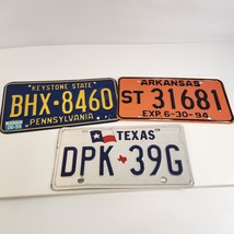 Pennsylvania Arkansas Texas License Plate Lot of 3 Blue Orange White Vtg USA 90s - £30.88 GBP