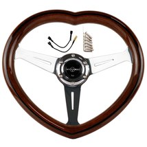 340mm Heart Shape Solid Wooden Chrome Steering Wheel - £94.38 GBP
