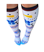 Funky Blue SNOWMAN LONG KNEE SOCKS Christmas Holiday Print Novelty Women... - $5.67