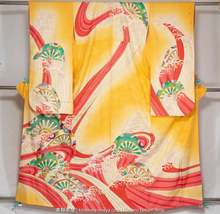 Antique Furisode with Genji Wheels Amongst Ocean Waves - Traditional Japanese Wo - £40.09 GBP