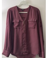 Express Portofino V-Neck M Burgundy White Polka Dot Blouse Roll Tab Long... - $19.79