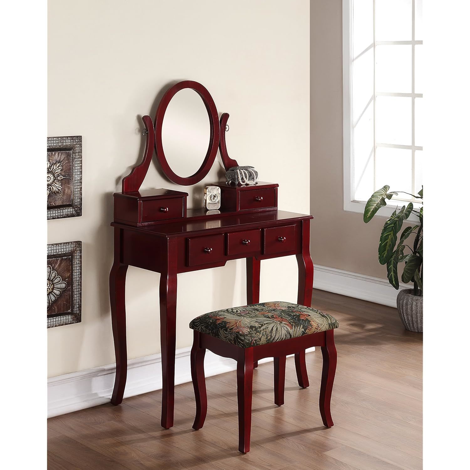 Roundhill Furniture Ashley Wood Make-Up Vanity Table and Stool Set, Cherry - $242.99