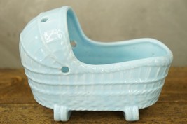 Vintage American Bisque 1950s Ceramic Planter Baby Boy Blue Bassinette - $21.03