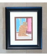 Framed Matted Original Art Orange Tabby Cat Sitting In Window Drawing - £13.32 GBP