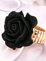 Black Rose Flower Adjustable Ring Stretch Band Gold Toned One Size - £10.42 GBP