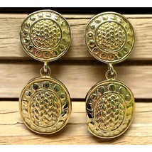 Vintage Gold Tone Dangle Earrings Retro 80s Woven Style Circles Clip On - £11.76 GBP