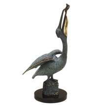 Brass and Marble Pelican Eating Fish Statue Hand Painted Accents - $435.60