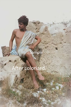 Gay male figure nude model sitting on wall colorized vintage art photograph - £5.50 GBP+