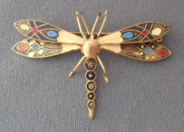 Vintage Dragonfly Pin Damascene Spain Gold Tone Blue Red White Black Enamel - £23.53 GBP