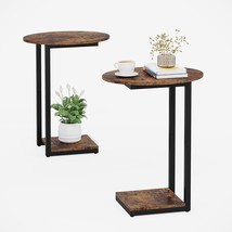 Two Small Side Tables In A Set: A Rustic Brown C-Shaped Wood Sofa End Table With - £60.13 GBP