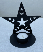 Star-shaped Black Metal Candle Holder 5&quot; Tea Light Votive  Moon &amp; Star cutouts - £12.53 GBP