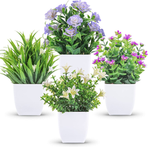 Small Fake Plants Mini Artificial Faux Plants 4 Packs with Flowers for Home Room - £16.87 GBP