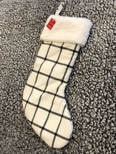 Wondershop Target Christmas Stocking Black &amp; White Plaid Faux Fur Top Fa... - $12.00