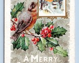 Large Letter A Merry Christmas Holly Winter Cabin Scene Embossed DB Post... - $4.90