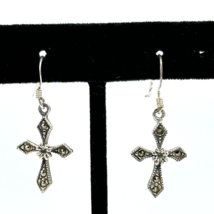 ART DECO-STYLE sterling silver marcasite drop earrings - 1-3/8&quot; dangle ear wire - £20.17 GBP