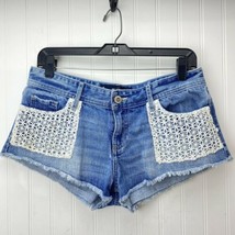 Hollister Lowrise Short Shorts Sz 7/28 Denim Blue Jean Raw Hems White Crochet - $14.39
