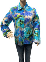 Notations Blue Green Sheer Floral Long Sleeve Button Front Blouse Shirt ... - £10.97 GBP