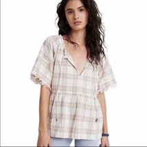 Pilcro By Anthropologie Tan Plaid Fringe Peplum Peasant Blouse Womens Small - $27.94